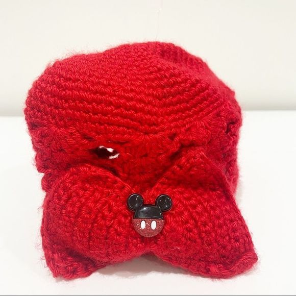 MICKEY MOUSE red infant baby toddler crotchet knit beanie hat with big red‎ bow - Picture 4 of 4